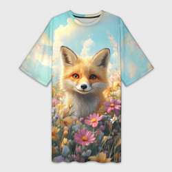Футболка женская длинная Лиса в цветочном поле, цвет: 3D-принт