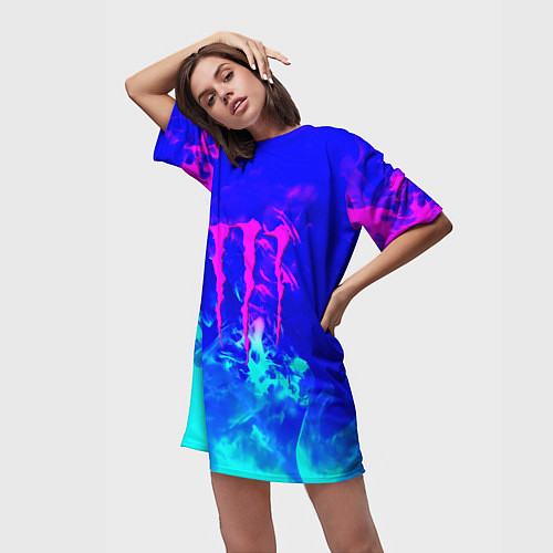 Женская длинная футболка Monster energy дым неоновый / 3D-принт – фото 3