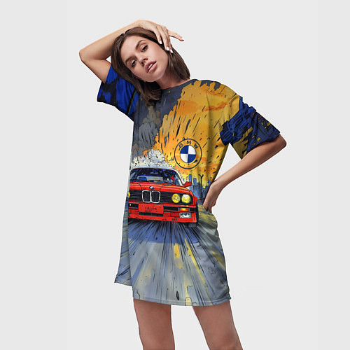 Женская длинная футболка Красная BMW на скорости / 3D-принт – фото 3