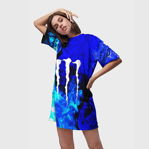 Женская длинная футболка Monster energy синий дым / 3D-принт – фото 3