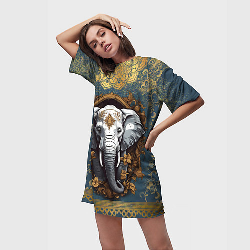 Женская длинная футболка Слон лотос и золотая мандала / 3D-принт – фото 3
