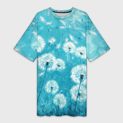 Футболка женская длинная Белые одуванчики на бирюзовом фоне, цвет: 3D-принт
