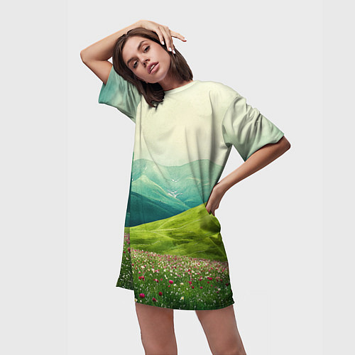 Женская длинная футболка Горы и поле с цветами - зеленый пейзаж / 3D-принт – фото 3