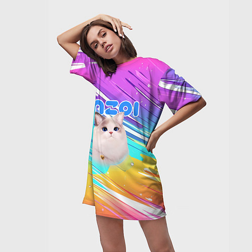 Женская длинная футболка Inzoi кошечка на радужном фоне / 3D-принт – фото 3