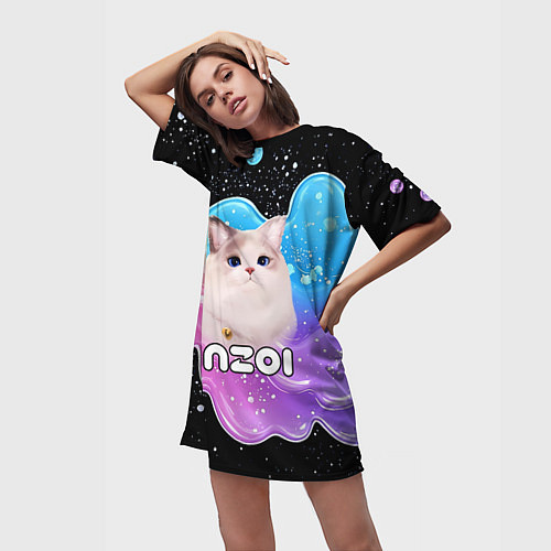 Женская длинная футболка Inzoi кошечка волнистая радуга / 3D-принт – фото 3
