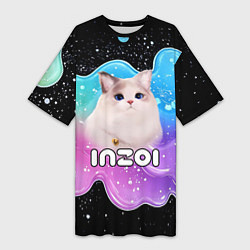 Футболка женская длинная Inzoi кошечка волнистая радуга, цвет: 3D-принт