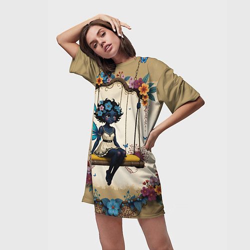 Женская длинная футболка Аниме фея с цветами на качелях / 3D-принт – фото 3