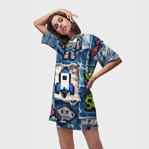 Женская длинная футболка Космический пиксельный корабль / 3D-принт – фото 3