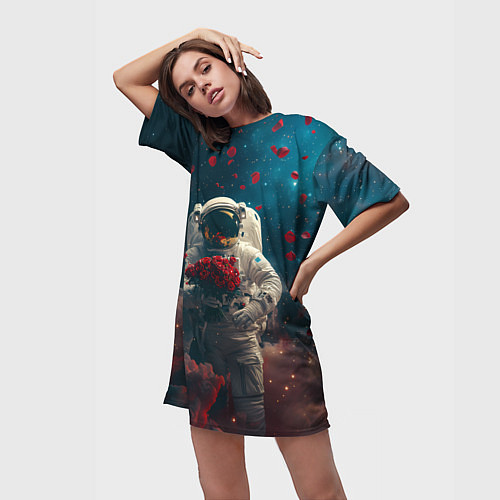 Женская длинная футболка Космонавт с букетом роз / 3D-принт – фото 3