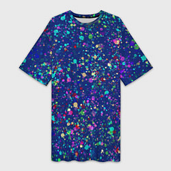 Футболка женская длинная Синий с разноцветными брызгами, цвет: 3D-принт