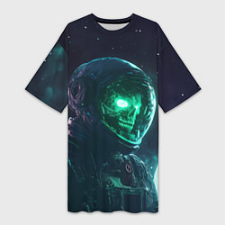 Футболка женская длинная Скелет космонавта с неоновыми глазами, цвет: 3D-принт