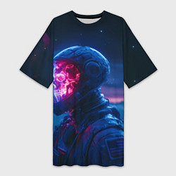 Футболка женская длинная Синий космонавт с красным черепом, цвет: 3D-принт