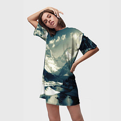 Футболка женская длинная Река и горы снежные пейзаж, цвет: 3D-принт — фото 2