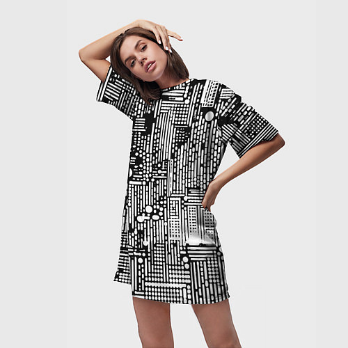 Женская длинная футболка Чёрно-белые абстракция точки полоски / 3D-принт – фото 3
