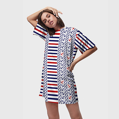 Женская длинная футболка Полосатый морской орнамент с якорями / 3D-принт – фото 3