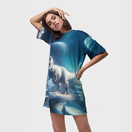 Женская длинная футболка Снежный динозавр - история вымирания / 3D-принт – фото 3