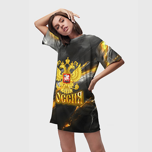 Женская длинная футболка Россия черно-желтый фон / 3D-принт – фото 3