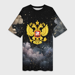 Футболка женская длинная Герб России на черном небе, цвет: 3D-принт