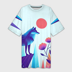 Футболка женская длинная Волк в долине охраняет цветок, цвет: 3D-принт