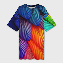Футболка женская длинная Радужные перья попугая, цвет: 3D-принт