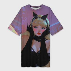 Футболка женская длинная Девушка - черная кошка, цвет: 3D-принт