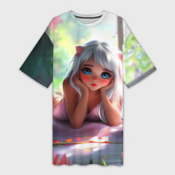 Футболка женская длинная Милая блондинка лежа, цвет: 3D-принт