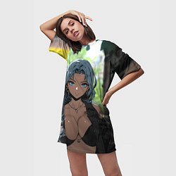 Футболка женская длинная Смуглая девушка с большой грудью, цвет: 3D-принт — фото 2