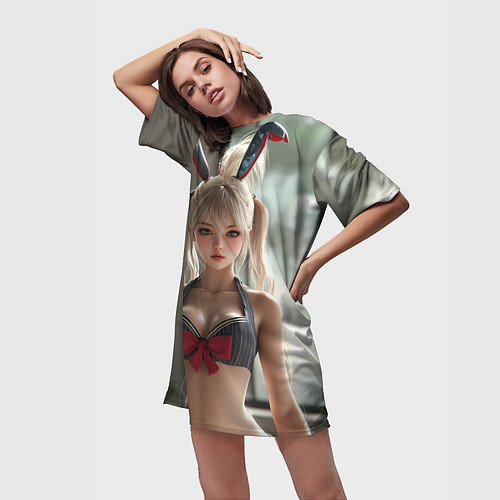 Женская длинная футболка Девушка блондинка с ушками зайца / 3D-принт – фото 3