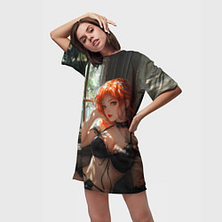 Футболка женская длинная Рыжая девушка у окна, цвет: 3D-принт — фото 2