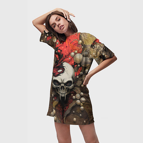 Женская длинная футболка Зловещий череп с клыками / 3D-принт – фото 3