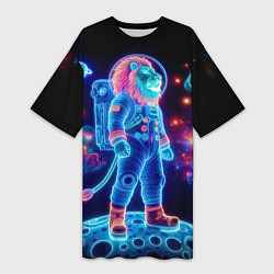 Футболка женская длинная Неоновый лев космонавт - нейроарт, цвет: 3D-принт