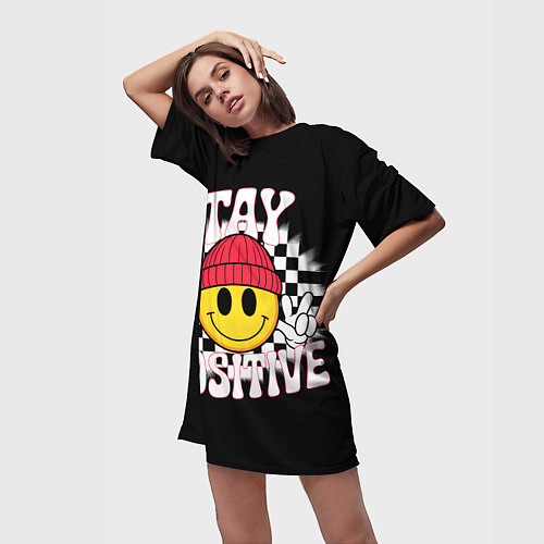 Женская длинная футболка Жёлтый смайл позитивный / 3D-принт – фото 3