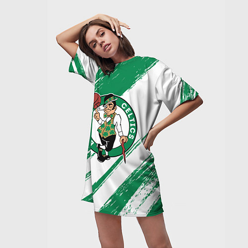 Женская длинная футболка Boston Celtics white and green / 3D-принт – фото 3