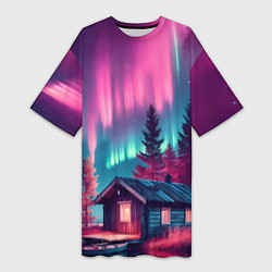 Футболка женская длинная Лиловое сияние над лесом, цвет: 3D-принт