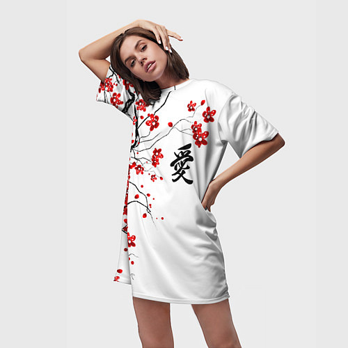 Женская длинная футболка Сакура с иероглифом Любовь / 3D-принт – фото 3