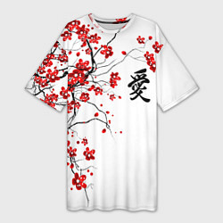 Футболка женская длинная Сакура с иероглифом Любовь, цвет: 3D-принт