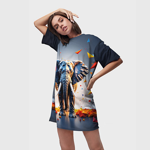 Женская длинная футболка Геометрический слон и цветные полигоны / 3D-принт – фото 3