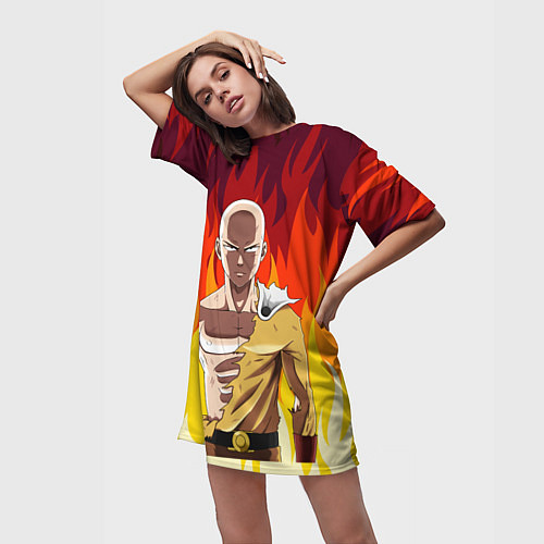 Женская длинная футболка Saitama in fire / 3D-принт – фото 3