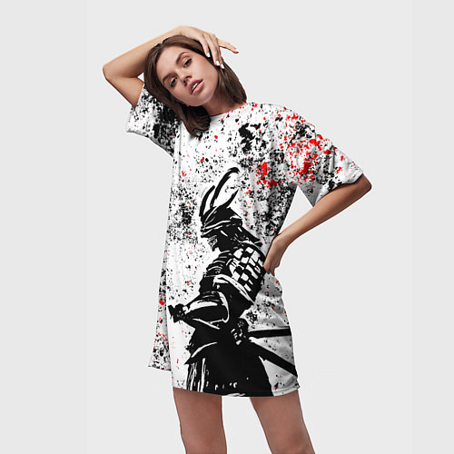 Женская длинная футболка Самурай - брызги красок / 3D-принт – фото 3