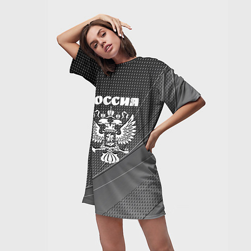 Женская длинная футболка Россия герб тёмно-серый текстурный с полосой / 3D-принт – фото 3