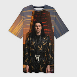 Женская длинная футболка Bones в халате с журавлями