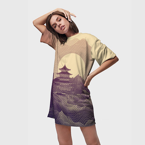 Женская длинная футболка Ретро иллюстрация Японского храма / 3D-принт – фото 3