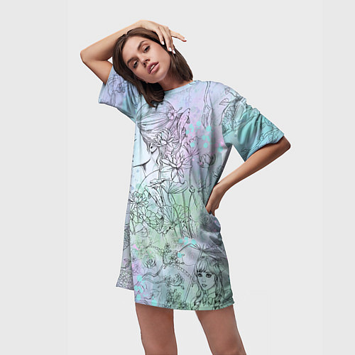 Женская длинная футболка Скетч японские дорамы / 3D-принт – фото 3