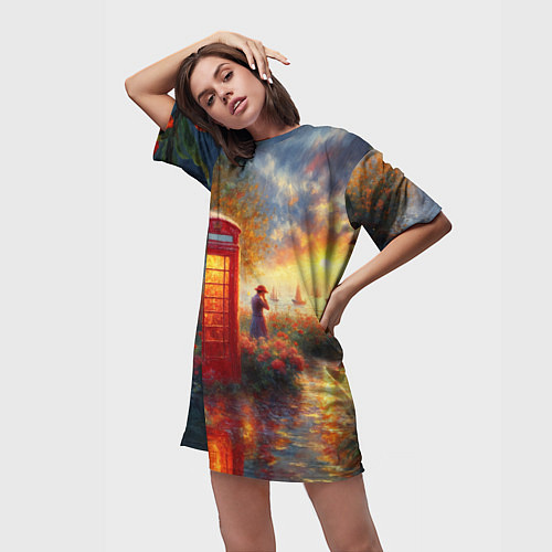 Женская длинная футболка Пейзаж с красной телефонной будкой / 3D-принт – фото 3