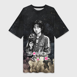 Футболка женская длинная Игрок 067 с маской - Игра в кальмара, цвет: 3D-принт