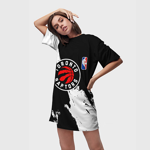 Женская длинная футболка Торонто Рэпторс - черно белые брызги / 3D-принт – фото 3