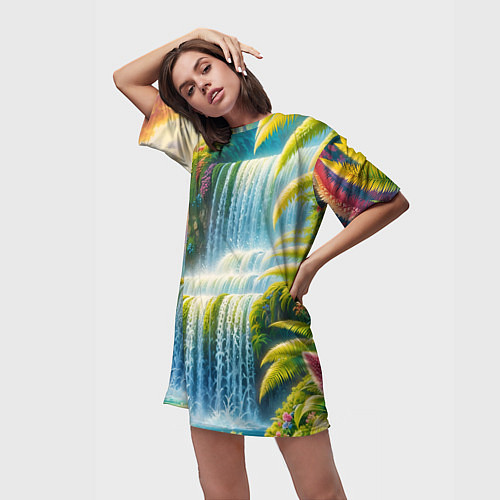 Женская длинная футболка Каскадный водопад / 3D-принт – фото 3