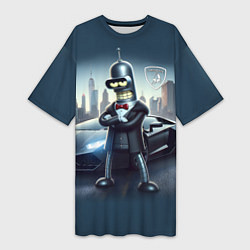 Футболка женская длинная Крутой Бендер рядом с Ламборджини, цвет: 3D-принт