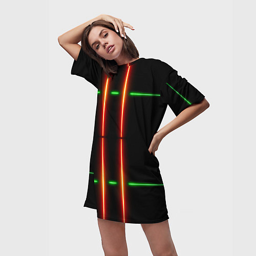 Женская длинная футболка Neon green black red line / 3D-принт – фото 3