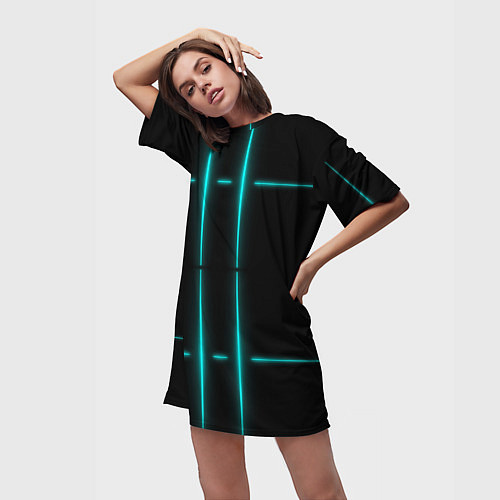 Женская длинная футболка Neon black light blue line / 3D-принт – фото 3